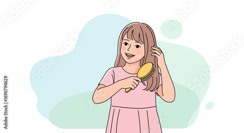 Smiling Girl Brushing Her Hair, A Simple Illustration Depicting Daily Ritual and Care