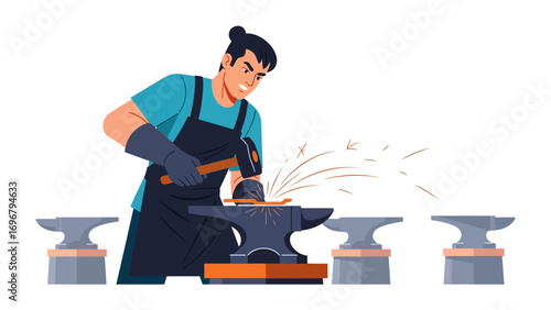 Blacksmith's Craft: A skilled blacksmith, focused and determined, meticulously shapes metal with hammer and anvil. A vibrant illustration captures the essence of traditional craftsmanship.