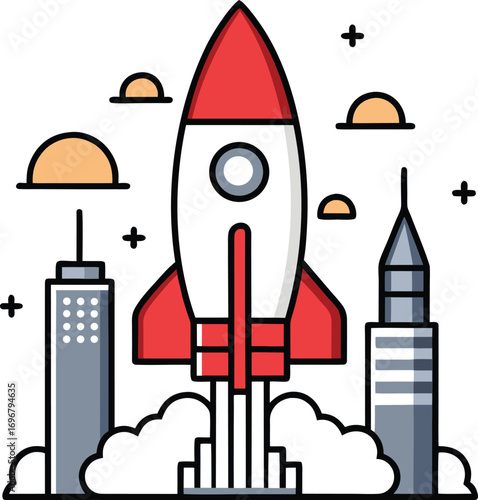 A vector illustration of a cartoon rocket launching from a city skyline