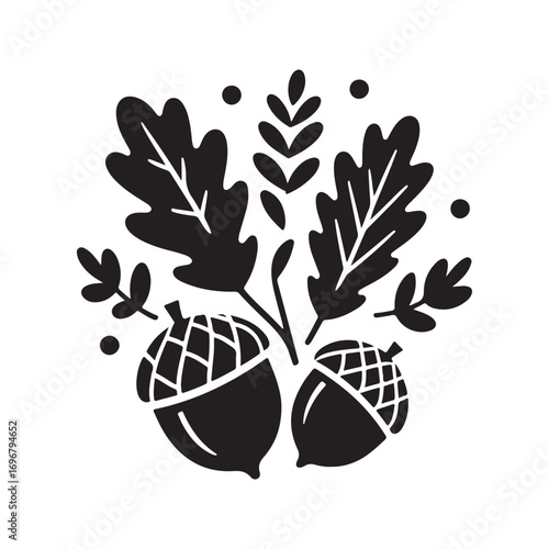 acorns and oak leaves vector silhouette line art logo design concept  illustration