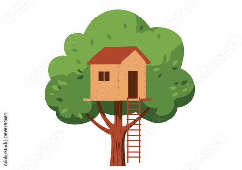 Cozy treehouse nestled in a lush green tree, isolated on white background, offering a whimsical retreat and a sense of adventure in nature