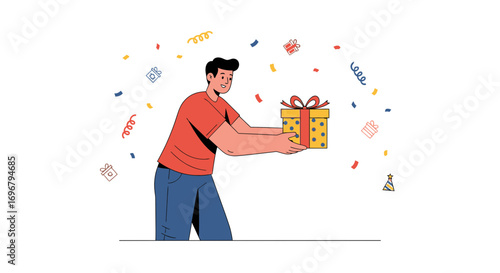 Smiling Man Holding Gift Box Celebrates Festive Surprise With Colorful Confetti