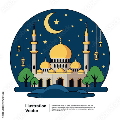 Ramadan Kareem - Islamic Mosque with Crescent Moon and Lanterns, Illustration