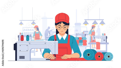 Factory of Craftsmanship: An illustrated scene where a dedicated craftsperson focuses intently on her sewing task within the lively textile production factory.