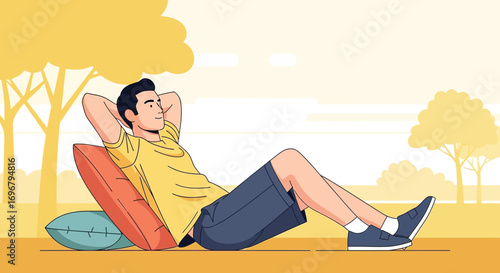 Relaxed Man Enjoying Peaceful Moment In Park Resting On Comfortable Pillows And Smiling Gently