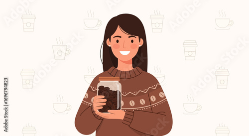 Smiling Person Showcasing Jar Of Coffee Beans And Cups Of Coffee In The Background