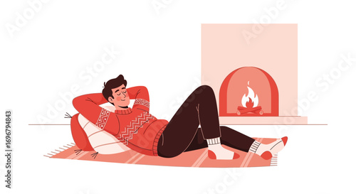 Relaxed Man Enjoys Cozy Comfort in Front of Fireplace with Peaceful Expression