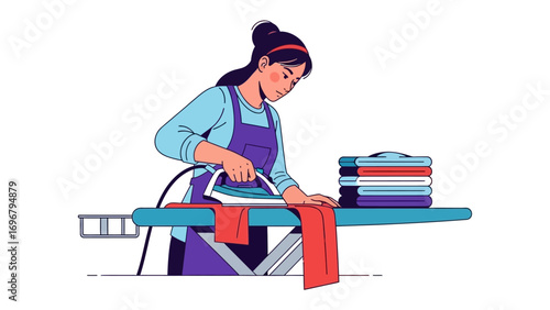 Ironing Routine: A woman meticulously irons a vibrant red cloth, her focus unwavering as she works to maintain a pristine household appearance. A display of clean clothes reveals the effort.