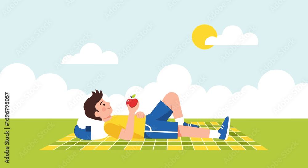 Fototapeta premium Relaxed Young Man Eating Apple Enjoying the Sunny Day Outdoors in a Park