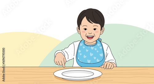 Smiling Toddler Ready For Mealtime Pointing To An Empty Plate On Wooden Table Indeed