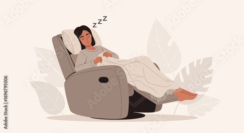 Relaxed Woman Napping Peacefully in a Cozy Recliner Chair, Illustration of Sleep