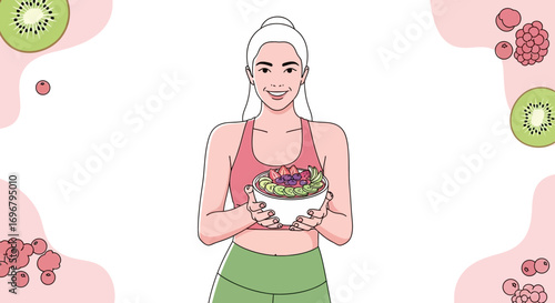 Smiling Woman Displaying A Nutritious Bowl Composed With Various Fruits And Kiwis