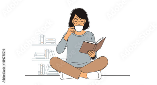 Relaxed Woman Reading While Drinking Coffee Near Books, Simple Illustration Style