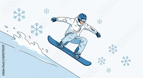 Snowboarder Gliding Down a Snowy Slope Amidst Falling Snowflakes in Winter Scene