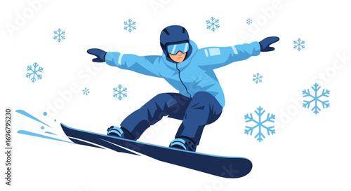 Snowboarder Displays Winter Sports Acumen Amid Whimsical Snowfall Illustration Design