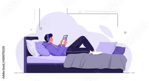 Relaxing And Enjoying Leisure Time With Tablet And Music, Reading In Bed Comfortably