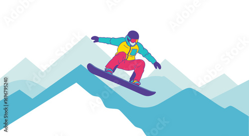 Snowboarder Leaping Over Mountains with Colorful Clothing in a Dynamic Illustration