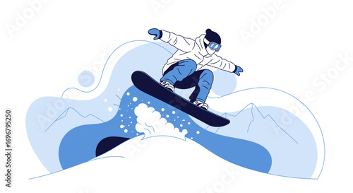 Snowboarder Performing a Jump Over Abstract Snowy Terrain in Illustrated Winter Scene