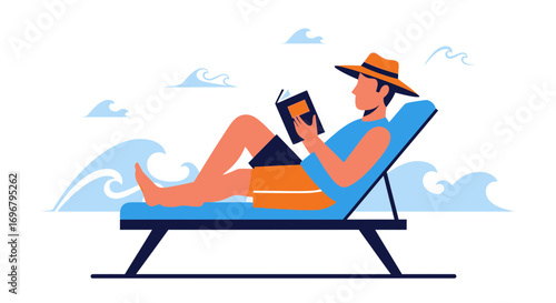 Relaxing Beachside Escape: Man Reading a Book on a Lounge Chair, Sunny Holiday