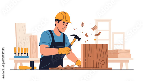 Crafting with Precision: A focused carpenter, adorned in a yellow hardhat and gloves, meticulously crafts a wooden structure with a hammer, embodying the art of carpentry