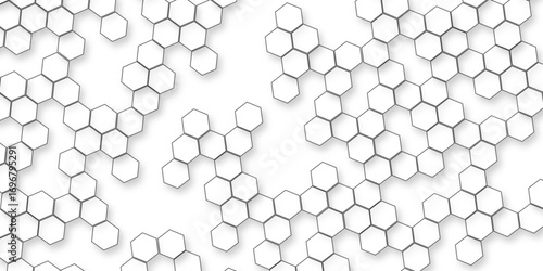 A pattern of white hexagon shapes arranged subtle shadows that create a three-dimensional, layered effect, geometric repetition and depth of the hexagonal grid.