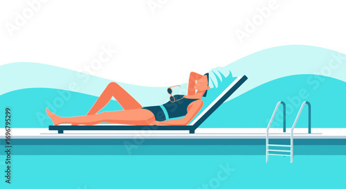 Relaxing Day By The Pool, A Woman Lounging Under The Sun In The Leisure Time