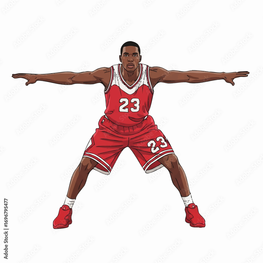 Naklejka premium Vector Illustration of Basketball Player in Defensive Stance with Red Uniform Modern Sport Style