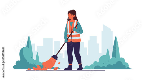 Street Cleaner at Work: A dedicated street cleaner, donned in a high-visibility vest, diligently sweeps the city streets, ensuring a clean and orderly environment amidst an urban landscape.