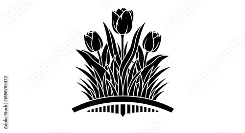 Black and white silhouette of three elegant tulips with lush foliage on a decorative curved base. Beautiful floral graphic design.