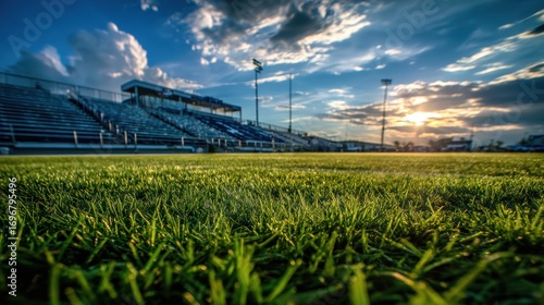 A vibrant sports field with lush green grass and empty bleachers under a dramatic sunset sky