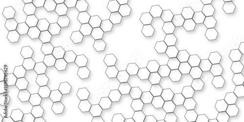 A pattern of white hexagon shapes arranged subtle shadows that create a three-dimensional, layered effect, geometric repetition and depth of the hexagonal grid.