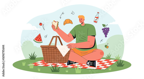 Relaxing Summer Picnic: Enjoying Food Outdoors on a Checkered Blanket Leisurely