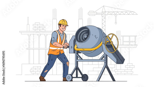 Construction Worker and Cement Mixer: An illustrative depiction of a construction worker operating a cement mixer with a backdrop of a construction site.