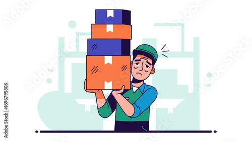 Overwhelmed Courier: A delivery person struggles under the weight of stacked boxes, conveying the trials of parcel services.