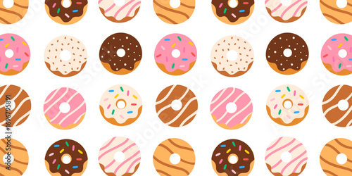 Seamless pattern with colorful glazed donuts in flat style. Sweet dessert background for bakery, cafe, packaging, and textile design.