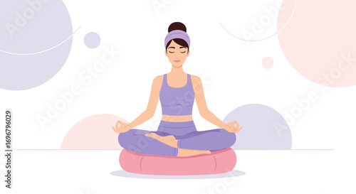 Relaxing Woman Meditating in Lotus Position in Serene Light Purple and Pink Background