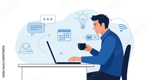 Remote Workspace Illustration: Business Professional Leveraging Laptop and Connectivity