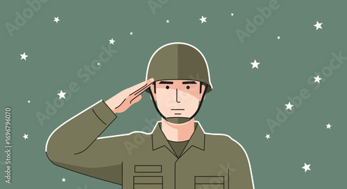 Respectful Soldier in Uniform Giving Salute With Starry Sky Background Scene