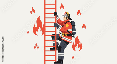 Resilient Firefighter Ascending Ladder Amidst Flames in Dynamic And Vibrant Illustration