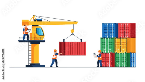 Industry in Motion: An illustration that depicts a crane and the hardworking crew managing a red container during the process of loading.