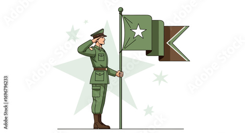 Soldier Saluting and Holding a Flag with a Star and Chevron Element Decoration