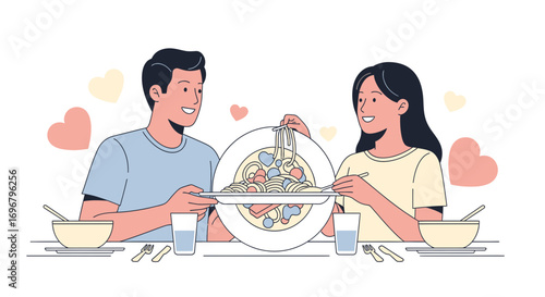 Romantic Dinner: Sharing Pasta and Expressions of Love in Vector Illustrations