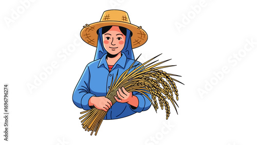 Woman Farmer with Wheat: A radiant woman in straw hat holding bundle of golden wheat, representing the bounty of a fruitful harvest. Celebrating her connection to the land, her labor.