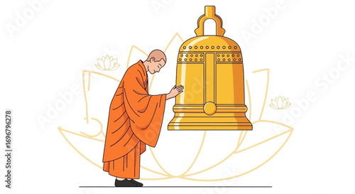 Reverent Monk Touching Golden Bell with Lotus In Back, Spiritual Imagery