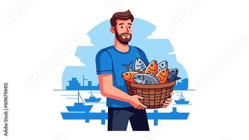 The Fisherman and His Catch: A skilled fisherman stands proudly, basket brimming with freshly caught fish, against the backdrop of a bustling harbor scene.
