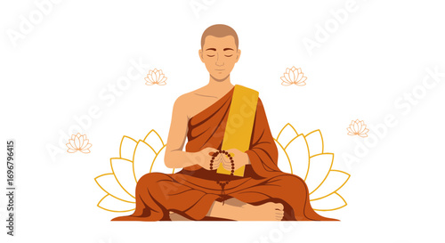 Spiritual Practice: A Monk Meditating in Lotus Position with Floral Embellishments