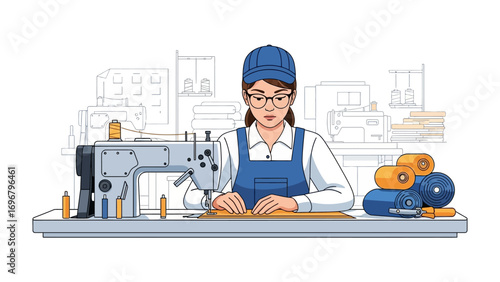 Artisan at Work: A focused artisan meticulously operates a sewing machine, bringing fabric to life in a dedicated workshop setting. Illustrating skill and craftsmanship.
