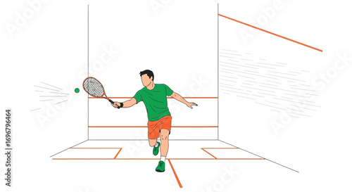 Squash Player in Action Hitting the Ball Towards the Courtwall Representing Competitive Sport