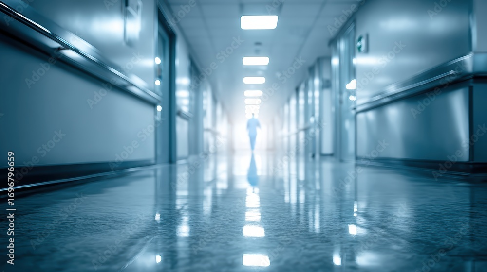 Fototapeta premium A clean, empty hospital corridor with bright lights and a lone figure in the distance, creating a sterile, clinical atmosphere