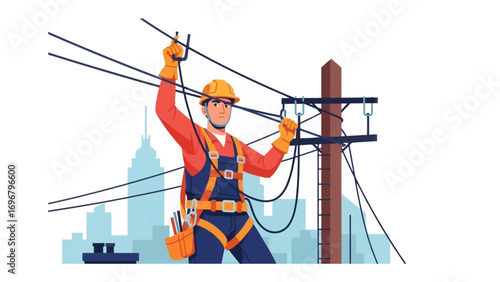 Dedicated Electrician: A focused electrician meticulously works on electrical wires and poles.